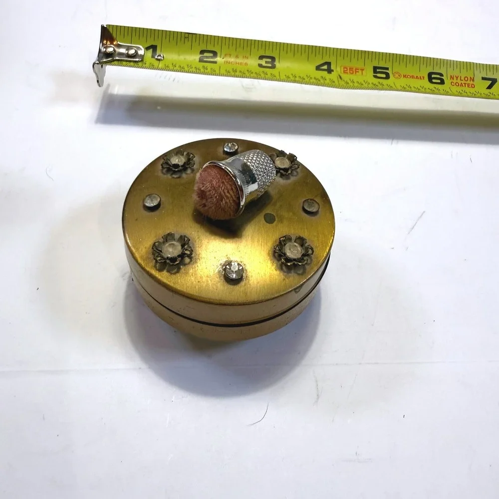 Vintage Brass Sewing Trinket Box Thimble Pincushion Rhinestone Footed 3 Inch